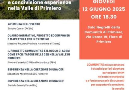 Comunità energetiche rinnovabili Sviluppo progettualità e condivisione esperienze a Primiero