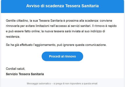 Attenzione a false email rinnovo tessera sanitaria: tentativo di truffa